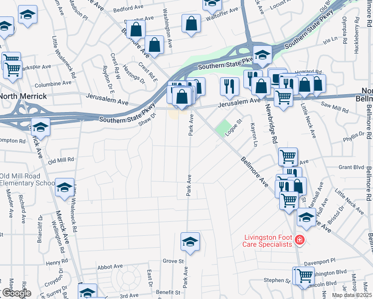 map of restaurants, bars, coffee shops, grocery stores, and more near 1310 Park Avenue in Merrick