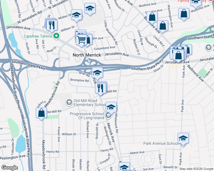 map of restaurants, bars, coffee shops, grocery stores, and more near 2 Newell Road in Merrick