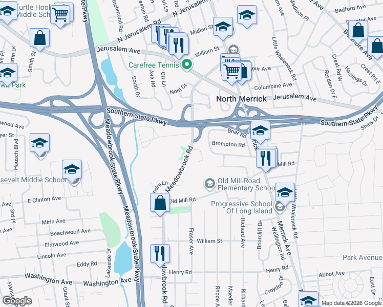 map of restaurants, bars, coffee shops, grocery stores, and more near 1278 Lednam Court in Merrick
