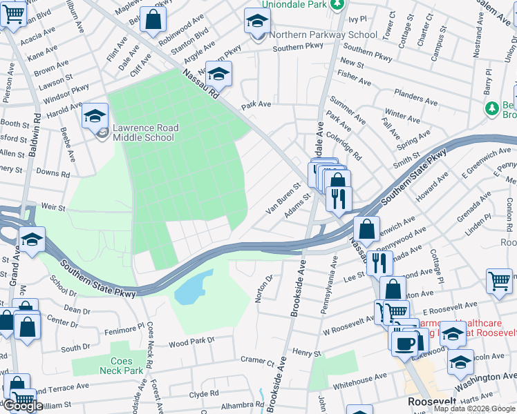 map of restaurants, bars, coffee shops, grocery stores, and more near 1093 Harrison Street in Uniondale