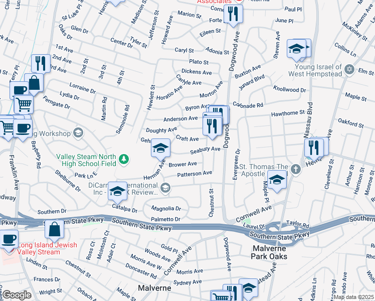 map of restaurants, bars, coffee shops, grocery stores, and more near 721 Seabury Avenue in Franklin Square