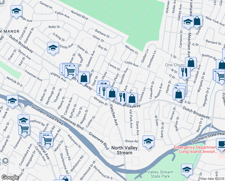 map of restaurants, bars, coffee shops, grocery stores, and more near 777 Dauntless Parkway in Elmont