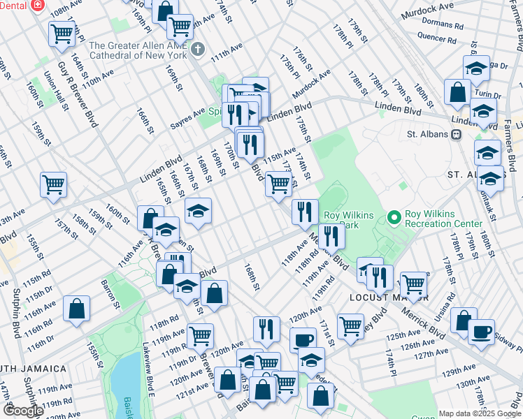 map of restaurants, bars, coffee shops, grocery stores, and more near 116-17 170th Street in Queens
