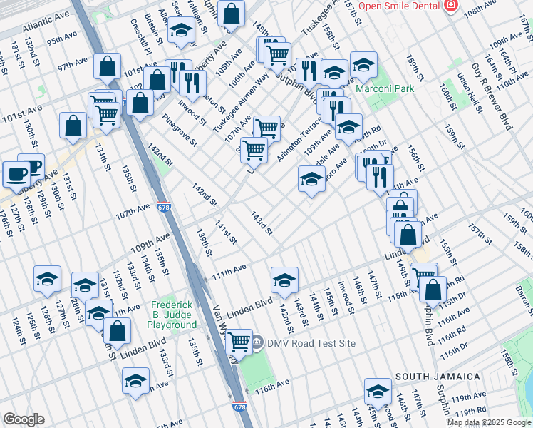 map of restaurants, bars, coffee shops, grocery stores, and more near 109-42 143rd Street in Queens