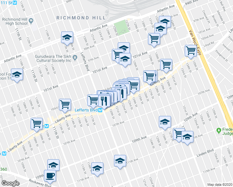 map of restaurants, bars, coffee shops, grocery stores, and more near 103-38 121st Street in Queens