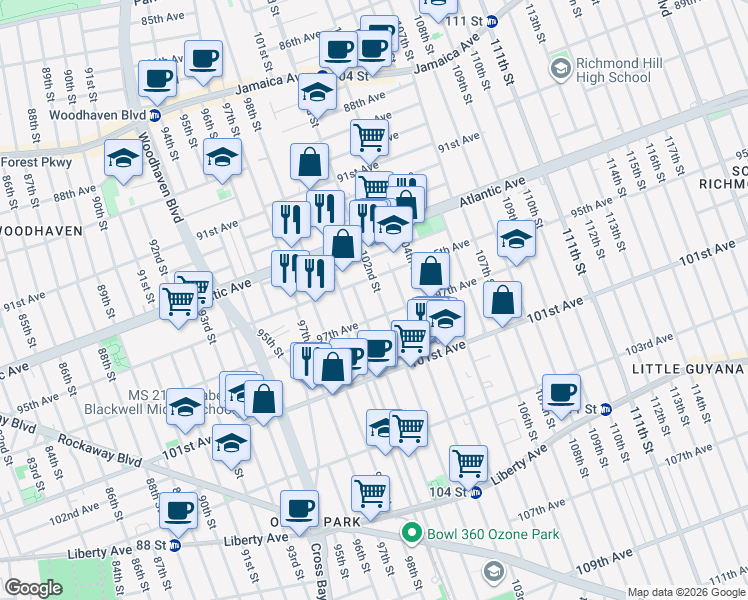 map of restaurants, bars, coffee shops, grocery stores, and more near 101-11 97th Avenue in Queens