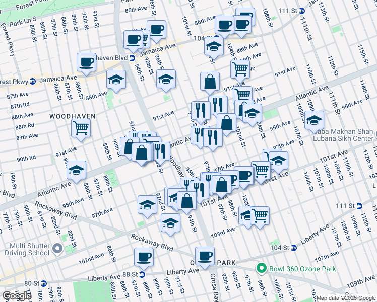 map of restaurants, bars, coffee shops, grocery stores, and more near 94-37 96th Street in Queens