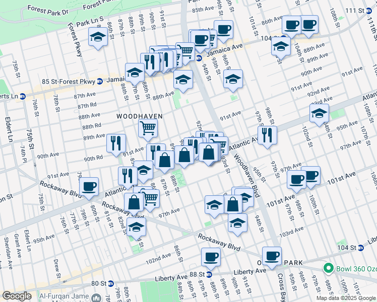 map of restaurants, bars, coffee shops, grocery stores, and more near in Queens