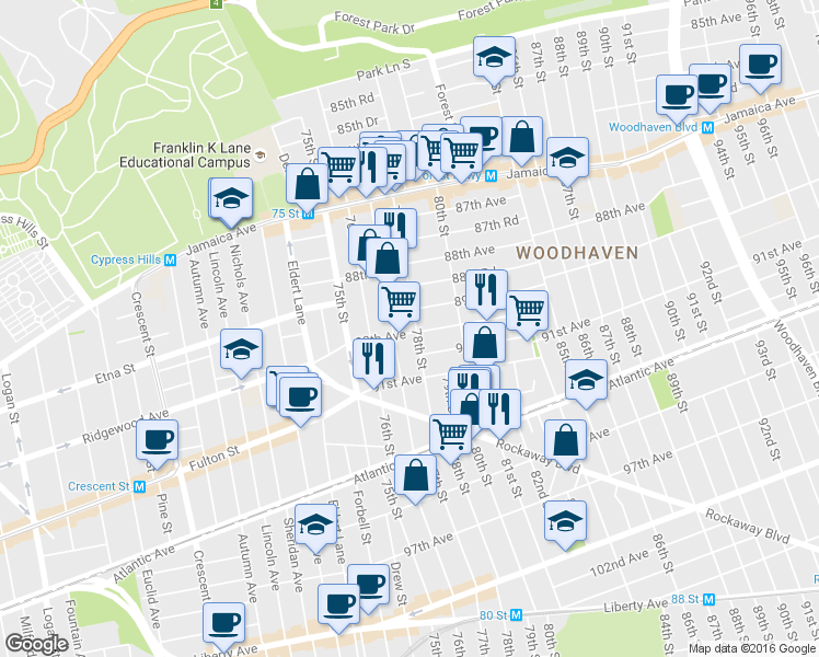 map of restaurants, bars, coffee shops, grocery stores, and more near 90-10 78th Street in Queens