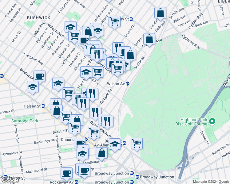 map of restaurants, bars, coffee shops, grocery stores, and more near 655 Central Avenue in Brooklyn