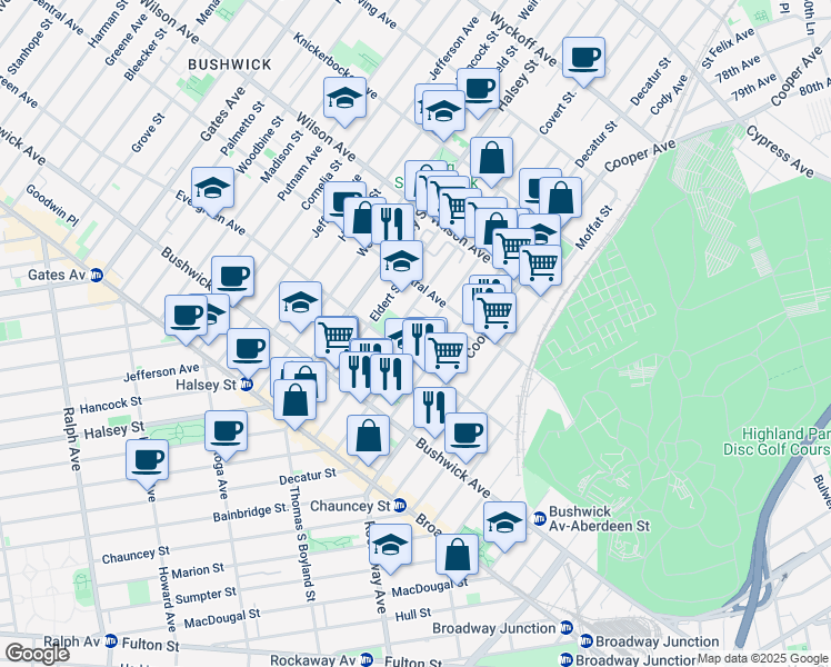 map of restaurants, bars, coffee shops, grocery stores, and more near 116 Schaefer Street in Brooklyn