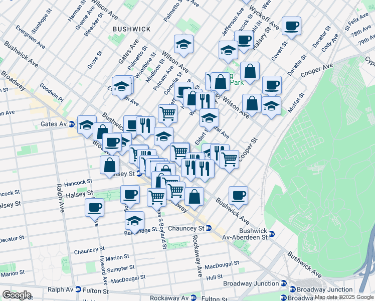 map of restaurants, bars, coffee shops, grocery stores, and more near 89 Eldert Street in Brooklyn
