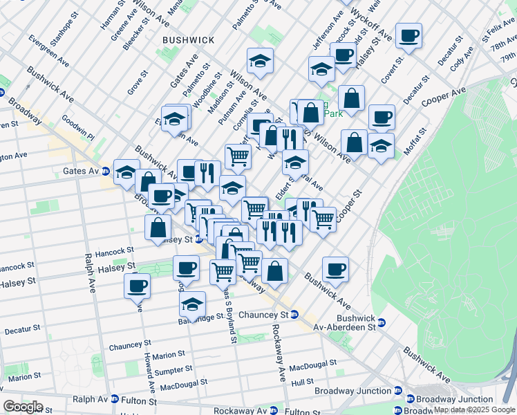 map of restaurants, bars, coffee shops, grocery stores, and more near 89 Eldert Street in Brooklyn