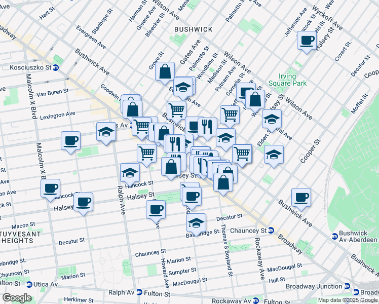 map of restaurants, bars, coffee shops, grocery stores, and more near 1045 Jefferson Avenue in Brooklyn