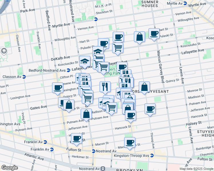 map of restaurants, bars, coffee shops, grocery stores, and more near 339 Quincy Street in Brooklyn