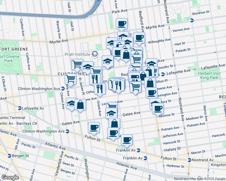 map of restaurants, bars, coffee shops, grocery stores, and more near 281 Greene Avenue in Brooklyn