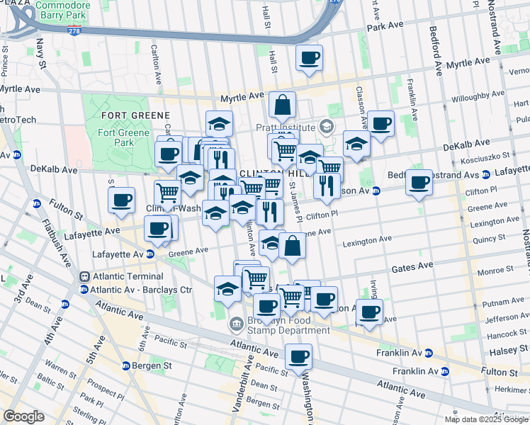 map of restaurants, bars, coffee shops, grocery stores, and more near 255 Lafayette Avenue in Brooklyn