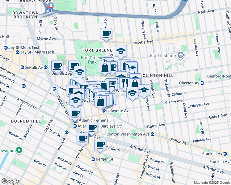 map of restaurants, bars, coffee shops, grocery stores, and more near 133 Lafayette Avenue in Brooklyn