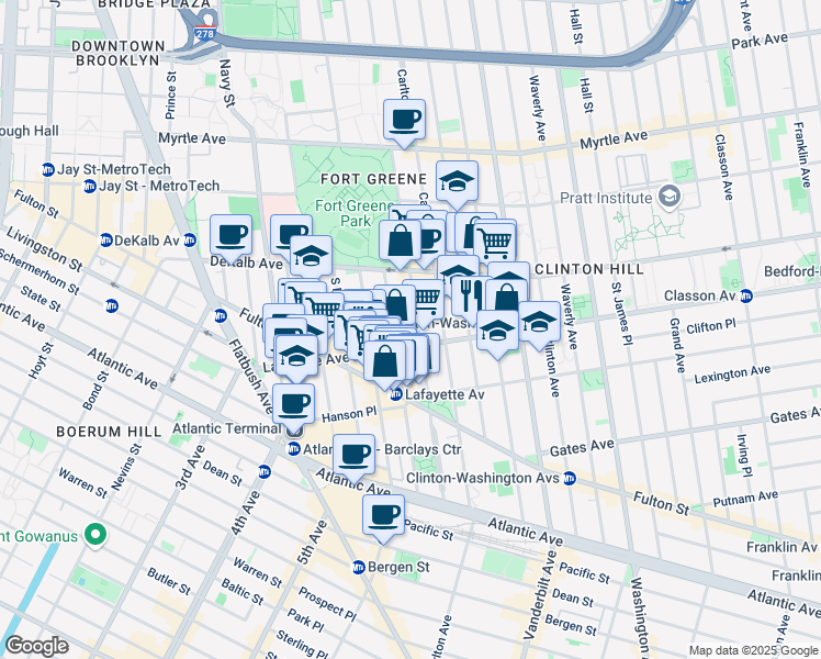map of restaurants, bars, coffee shops, grocery stores, and more near 133 Lafayette Avenue in Brooklyn