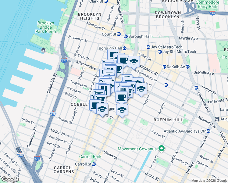 map of restaurants, bars, coffee shops, grocery stores, and more near 134 Boerum Place in Brooklyn