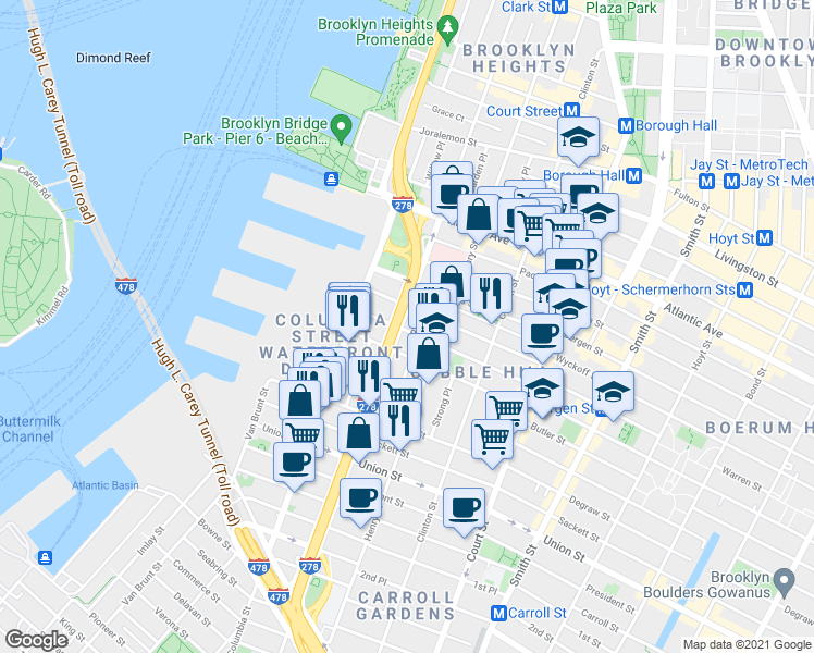 map of restaurants, bars, coffee shops, grocery stores, and more near 447 Hicks Street in Brooklyn