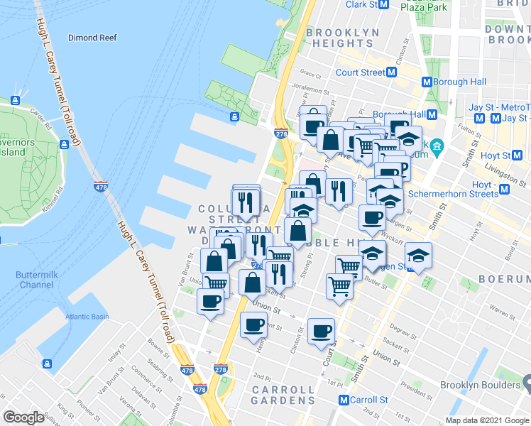 map of restaurants, bars, coffee shops, grocery stores, and more near 447 Hicks Street in Brooklyn