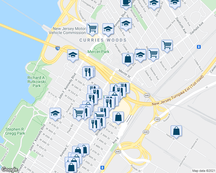 map of restaurants, bars, coffee shops, grocery stores, and more near 53 West 56th Street in Bayonne