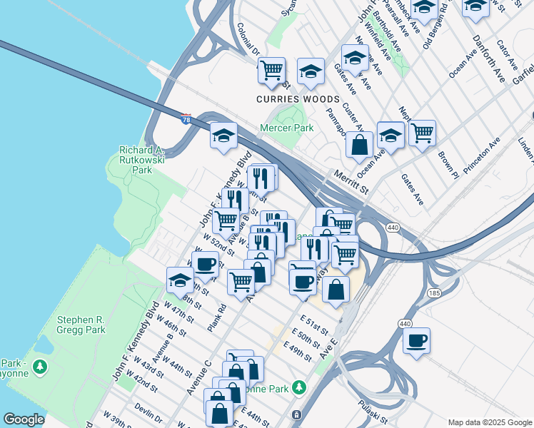 map of restaurants, bars, coffee shops, grocery stores, and more near 79 West 55th Street in Bayonne