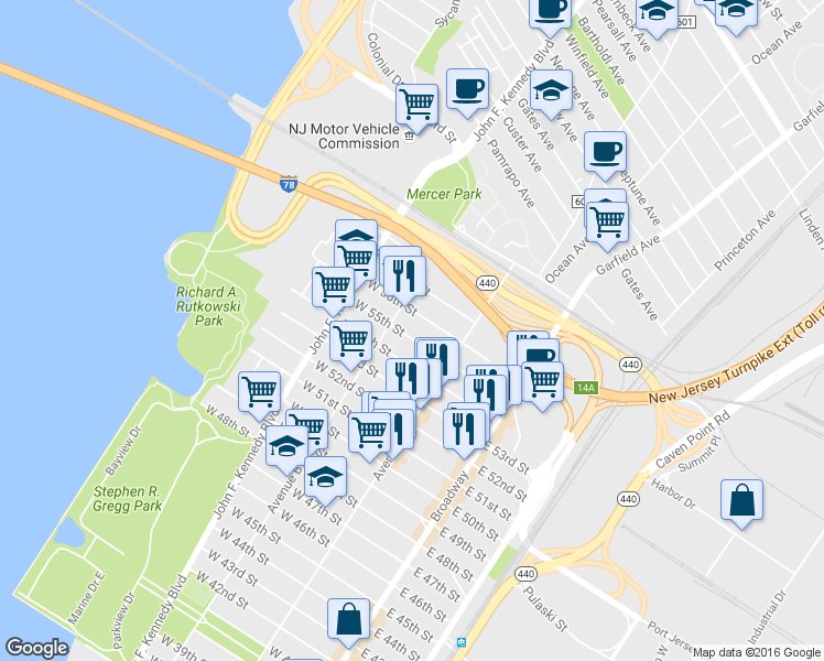 map of restaurants, bars, coffee shops, grocery stores, and more near 79 West 55th Street in Bayonne