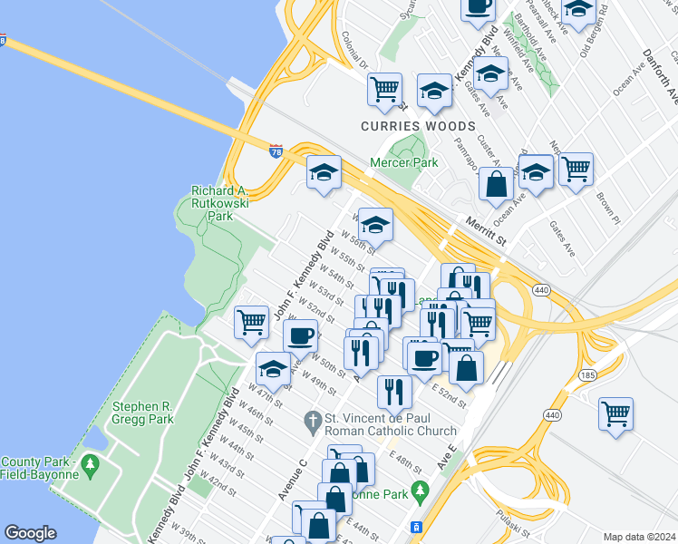 map of restaurants, bars, coffee shops, grocery stores, and more near 127 West 53rd Street in Bayonne