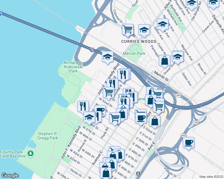 map of restaurants, bars, coffee shops, grocery stores, and more near 127 West 53rd Street in Bayonne