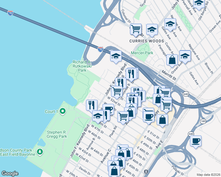 map of restaurants, bars, coffee shops, grocery stores, and more near 1183 John F. Kennedy Boulevard in Bayonne