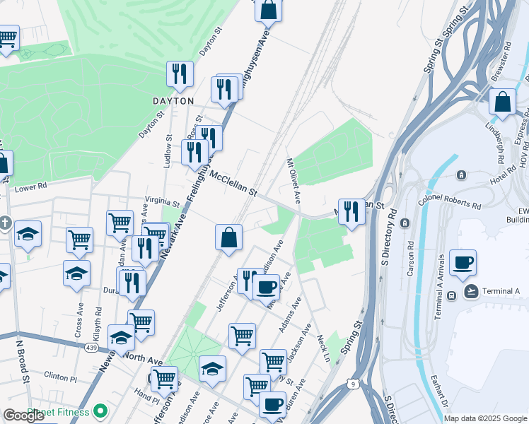 map of restaurants, bars, coffee shops, grocery stores, and more near 43-53 Pershing Avenue in Newark