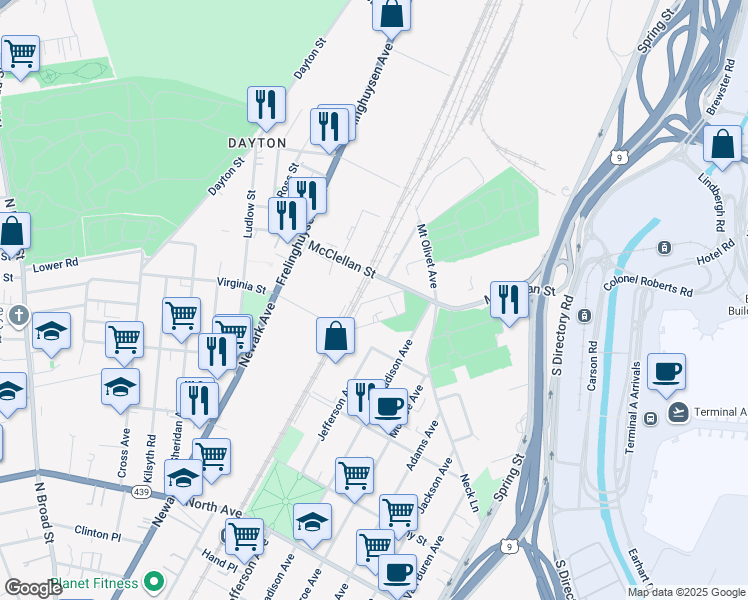 map of restaurants, bars, coffee shops, grocery stores, and more near 18 Pennsy Place in Newark