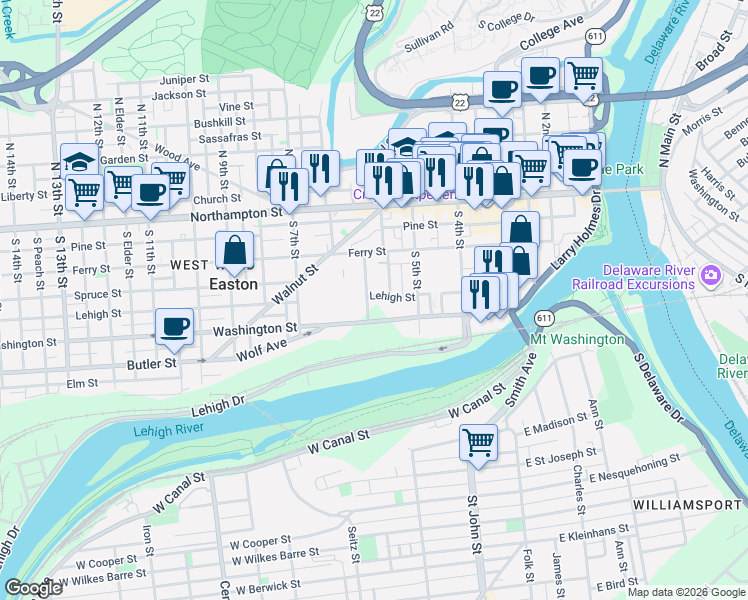 map of restaurants, bars, coffee shops, grocery stores, and more near 162 South Union Street in Easton