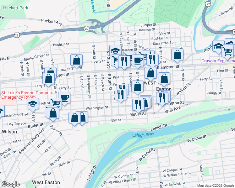 map of restaurants, bars, coffee shops, grocery stores, and more near 1215 Lehigh Street in Easton