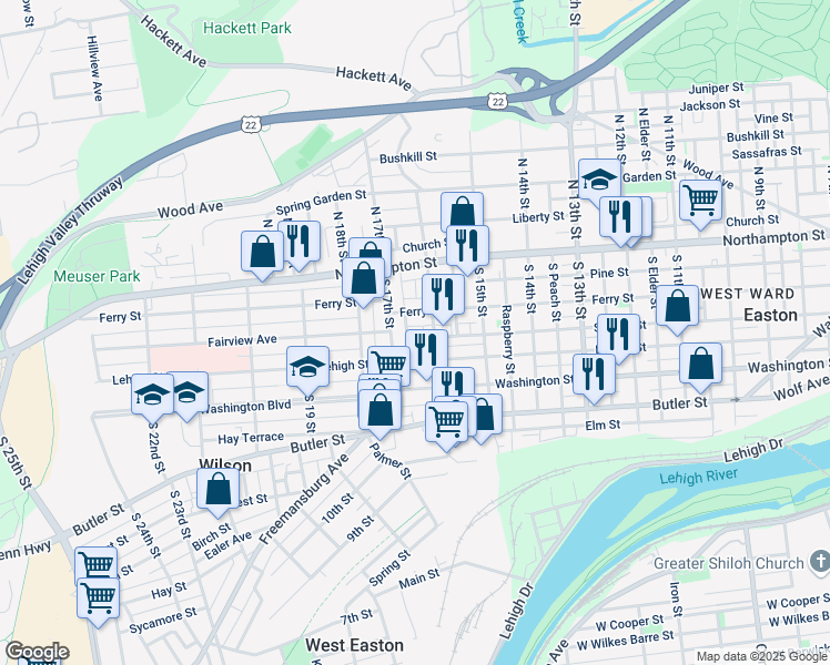 map of restaurants, bars, coffee shops, grocery stores, and more near 1601 Lehigh Street in Easton