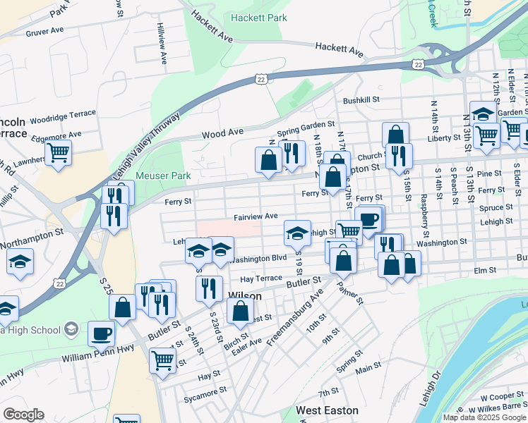 map of restaurants, bars, coffee shops, grocery stores, and more near 1934 Fairview Avenue in Easton