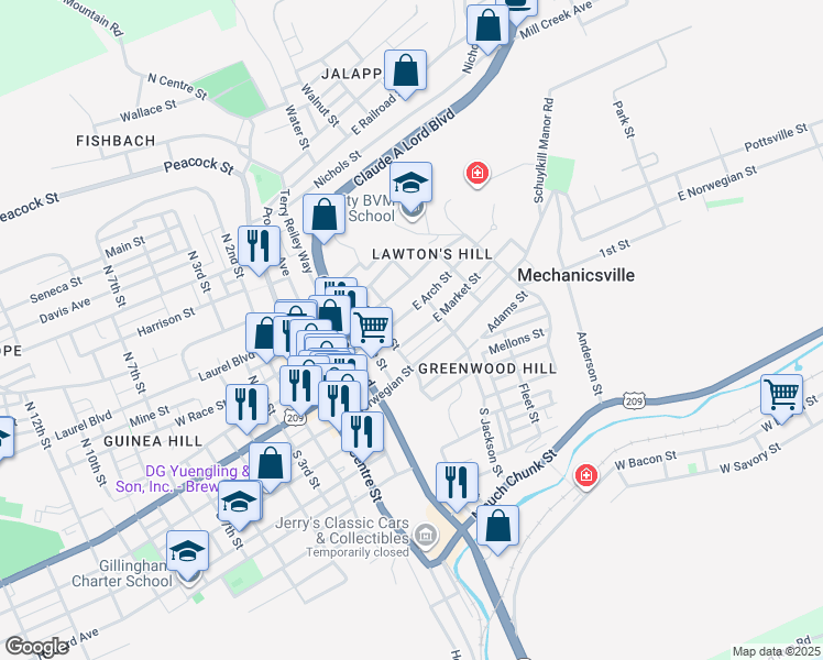 map of restaurants, bars, coffee shops, grocery stores, and more near 104 North George Street in Pottsville