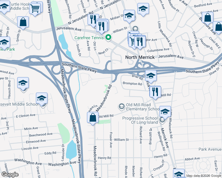 map of restaurants, bars, coffee shops, grocery stores, and more near 1278 Lednam Court in Merrick
