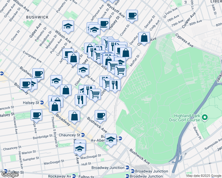 map of restaurants, bars, coffee shops, grocery stores, and more near 655 Central Avenue in Brooklyn