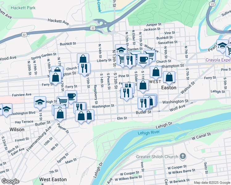 map of restaurants, bars, coffee shops, grocery stores, and more near 135 South 13th Street in Easton