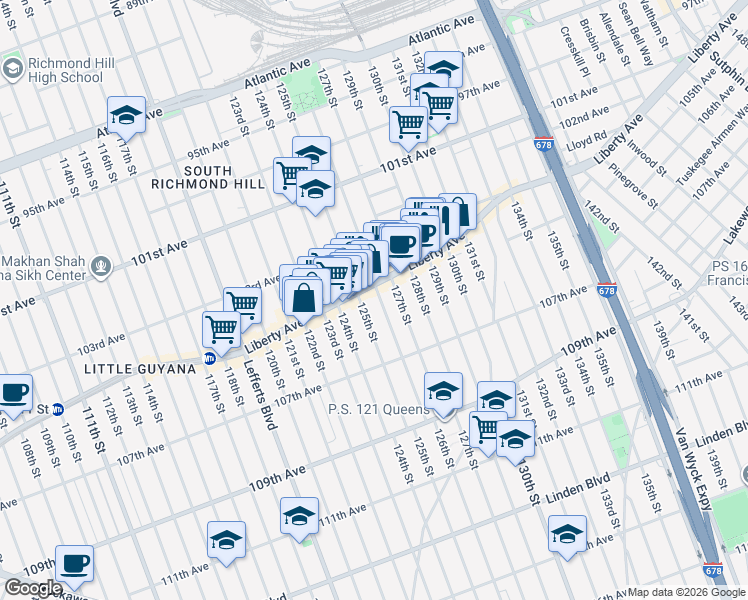 map of restaurants, bars, coffee shops, grocery stores, and more near 104-37 126th Street in Queens