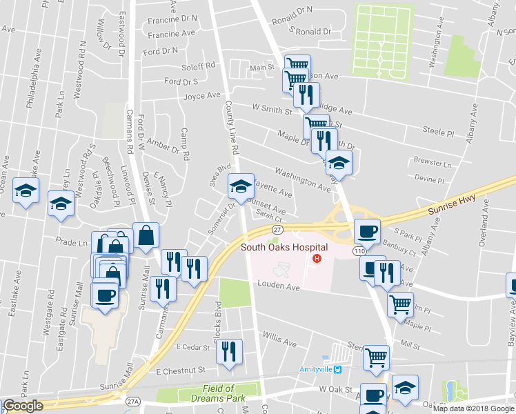map of restaurants, bars, coffee shops, grocery stores, and more near 6 Sarah Court in Amityville