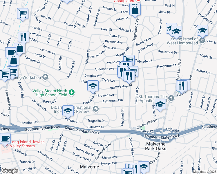 map of restaurants, bars, coffee shops, grocery stores, and more near 721 Seabury Avenue in Franklin Square