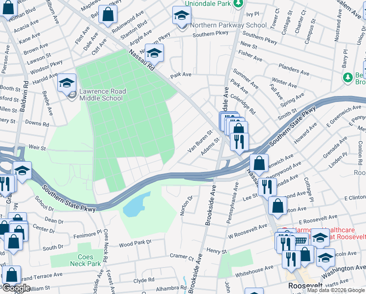map of restaurants, bars, coffee shops, grocery stores, and more near 1093 Harrison Street in Uniondale