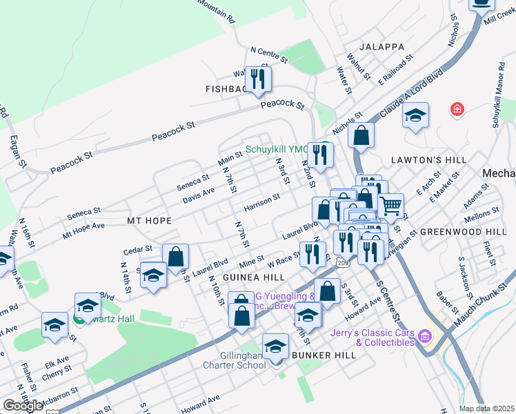 map of restaurants, bars, coffee shops, grocery stores, and more near 519 Harrison Street in Pottsville