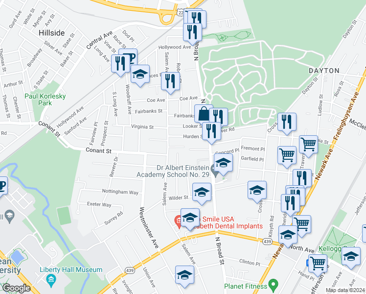 map of restaurants, bars, coffee shops, grocery stores, and more near 42 Beechwood Place in Hillside