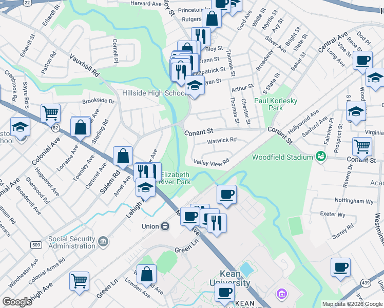 map of restaurants, bars, coffee shops, grocery stores, and more near 165 Valley View Road in Hillside