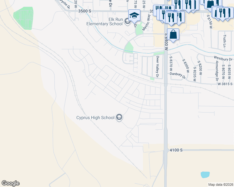 map of restaurants, bars, coffee shops, grocery stores, and more near 8667 West Addie Drive in Magna